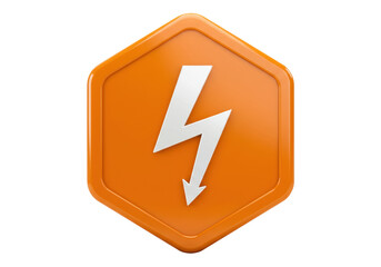 Orange hexagon with white lightning bolt isolated PNG, high voltage symbol for electrical hazard...