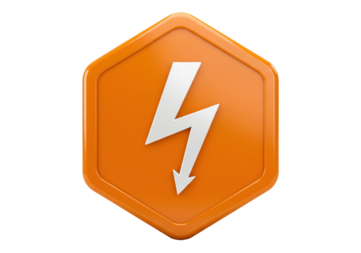 Orange hexagon with white lightning bolt isolated PNG, high voltage symbol for electrical hazard and safety warning