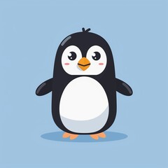 Fototapeta premium Cute flat vector icon of a penguin character on a blue background with white outline