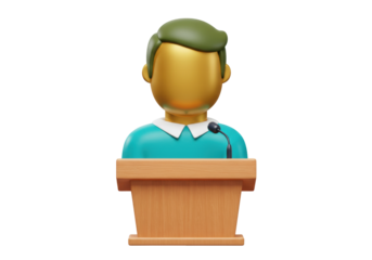 3D faceless man giving speech on podium isolated PNG, public speaking concept for presentations and educational materials