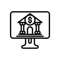 Outline Icon of a Bank Building with a Dollar Sign on a Computer Monitor Screen