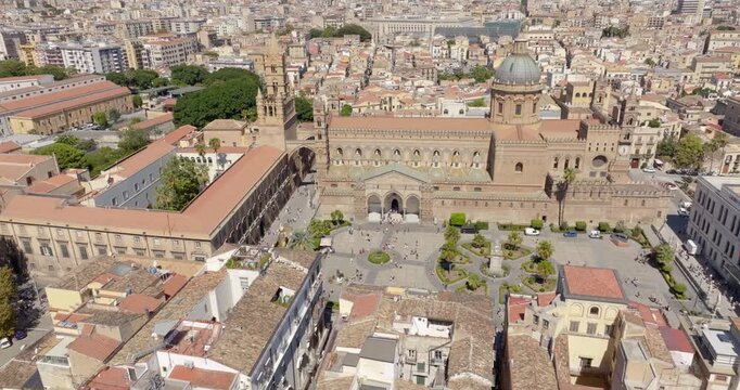 Aerial view of Palermo Cathedral. It is the cathedral church of the Roman Catholic Archdiocese of Palermo, located in Sicily, southern Italy. It is dedicated to the Assumption of the Virgin Mary.