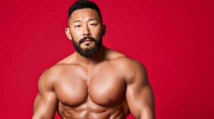 Fototapeta premium Muscular Korean man with defined abs poses in front of a vibrant red background showcasing strength and fitness