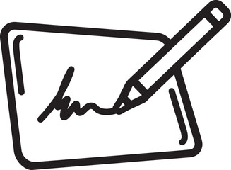 Illustration of a signature on a document with a pen, represents signing, agreement, contract, authorization, and confirmation in a simple line art style on