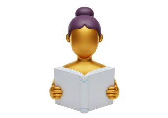 Golden 3D woman reading an open book isolated, faceless character with purple hair bun PNG, education and knowledge concept