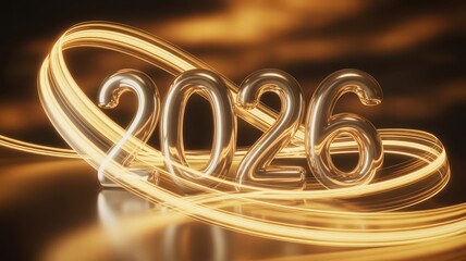 Golden Light Trails Surrounding Shiny 2026 Numbers Against Dark Background