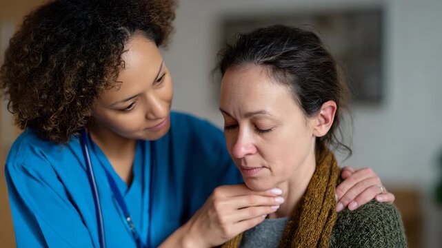 A caregiver gently comforts a distressed patient, showcasing the importance of empathy and support in healthcare settings, highlighting the human connection.