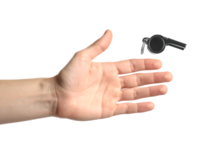 浮かぶホイッスルに手が伸びる｜背景なし・透過PNG・コピースペース