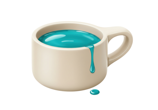 Ceramic mug with turquoise liquid isolated on transparent PNG, creative concept for design and decoration, modern and stylish