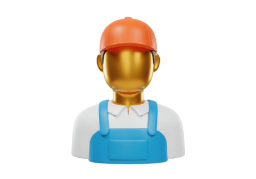 3D golden faceless worker avatar with orange cap isolated PNG, construction worker icon for profile and social media
