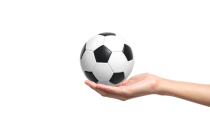 手が浮かぶサッカーボールに触れる象徴的なスポーツシーン ｜背景なし・透過PNG・コピースペース