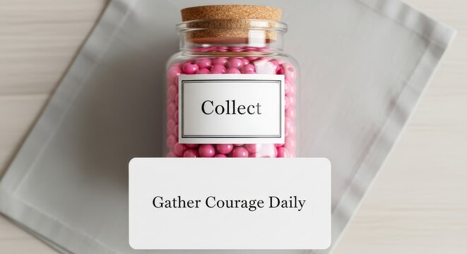 Glass jar filled with pink candies collecting courage daily