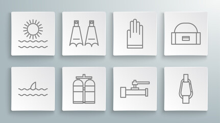 Set line Shark fin in ocean wave, Rubber flippers for swimming, Aqualung, Industry metallic pipes and valve, Carabiner, Gloves, Case box container wobbler and Sun waves icon. Vector © Oksana