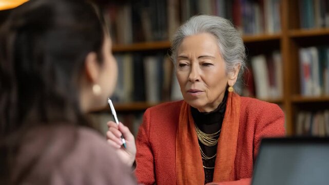In this warm image, an elegant senior woman shares a smile during a conversation, highlighting the beauty of connection and wisdom across generations.