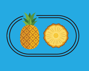 Pineapple Slice and Whole Fruit Composition on Blue Background