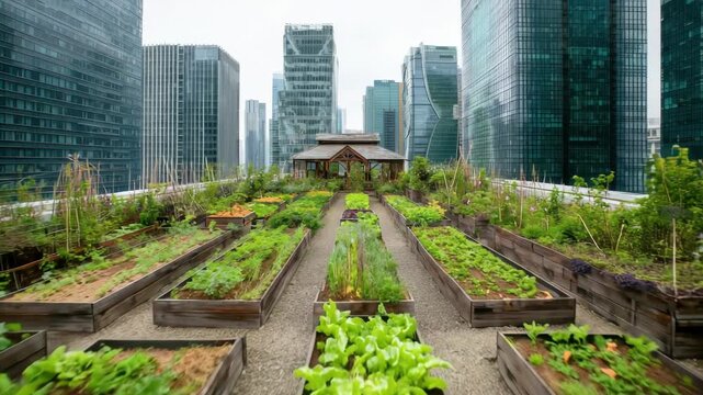 Rooftop Garden Oasis Amidst Modern Cityscape With Rows Of Lush Green Vegetables And A Central Wooden Gazebo Surrounded By Tall Glass Buildings Under A Cloudy Sky