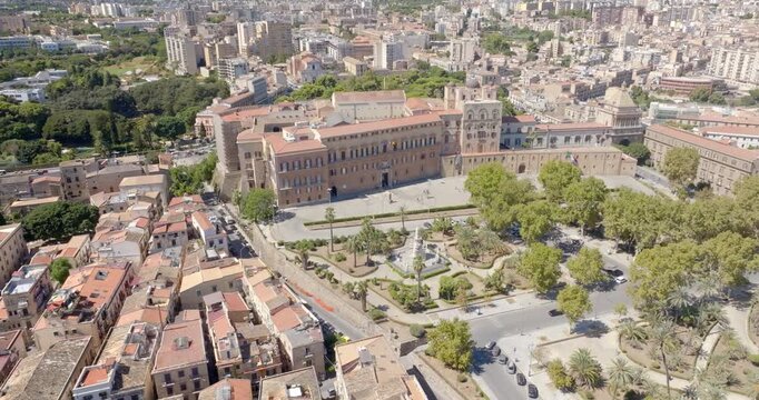 Aerial view of the Palazzo dei Normanni, also known as Royal Palace. It is located in the historic center of Palermo, Sicily, Italy. It is one of the city's most visited monuments and a Heritage Site.