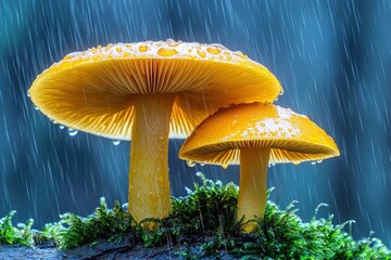 Fototapeta premium Two golden mushrooms under rain, atop mossy log