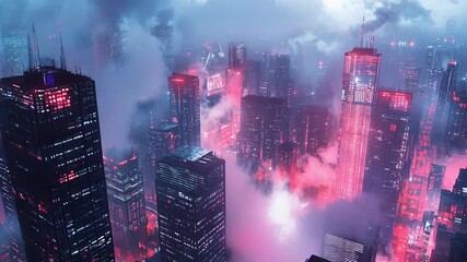 Cyberpunk urban future with neon skyscrapers in fog - Powered by Adobe