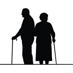 Creative design vector art of silhouette of an elderly couple standing together with walking canes