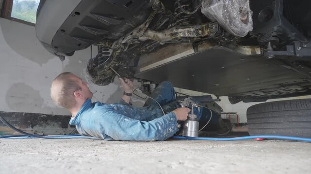 Man spraying ecofriendly lanolin rustproofing on car control arms, sway bar, and surrounding area of undercarriage
