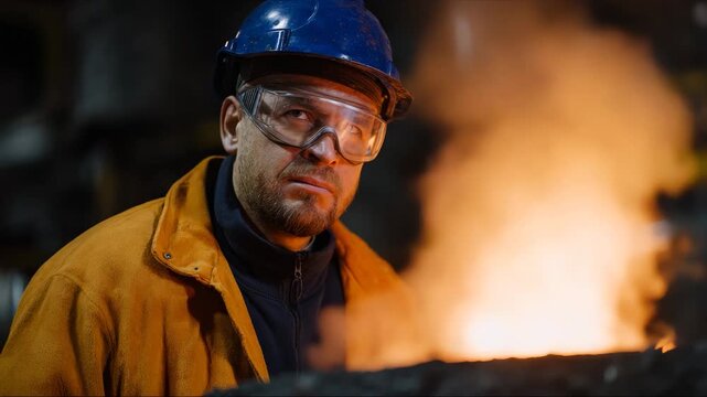 A focused industrial worker wearing protective gear stands near molten metal, capturing the essence of dedication, safety, and the intense environment of metalworking.
