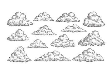 Cloud Set, a Collection of Hand-Drawn Cumulus and Stratus Clouds engraving vector illustration