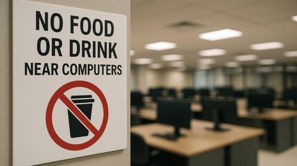 No food or drink near computers sign on wall inside computer lab workplace discipline rule restriction policy regulation and protective guideline for safety of equipment in educational environment