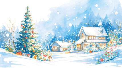 Fototapeta premium ロマンチックな冬の夜とクリスマスの空気を描いた幻想風景イラスト 街灯りと雪が織りなす静かな時間をイメージした抽象的な季節素材