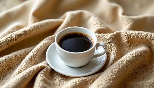 a cozy scene with a cup of coffee placed on top of a textured surface, which appears to be a blanket