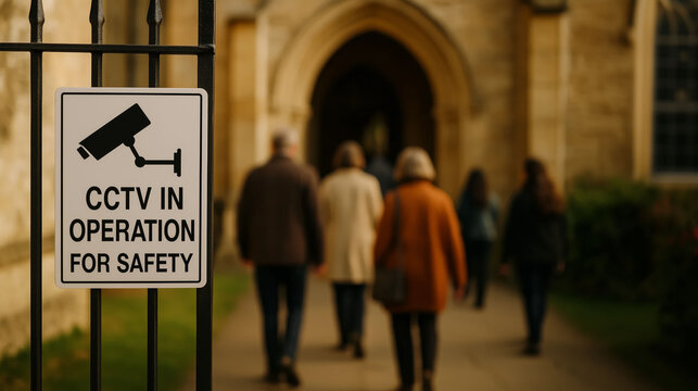 CCTV in operation for safety sign outside church entrance surveillance monitoring system regulation protection rule and safety security enforcement in public religious environment