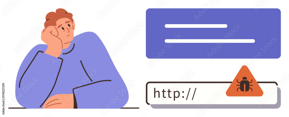 Wall mural person resting head on hand next to bug alert sign on webpage url. ideal for tech support, cybersecu