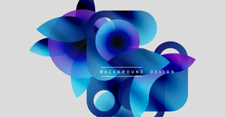 Abstract floral design. Overlapping translucent shapes create vibrant blue, purple hues. Modern background element.