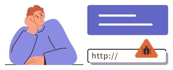 Person resting head on hand next to bug alert sign on webpage URL. Ideal for tech support, cybersecurity, browser error, online issue, user frustration, software debugging, simple flat metaphor