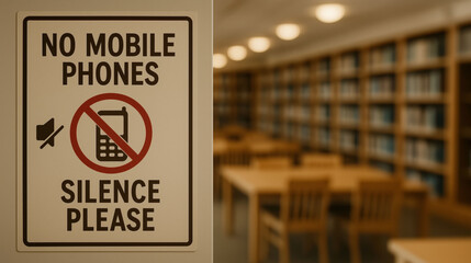 No mobile phones silence please sign on wall inside library showing rule of discipline, respect, restriction and educational regulation for quiet study environment
