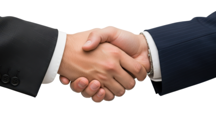 Business handshake between two men in suits, closeup. Isolated on transparent background, png