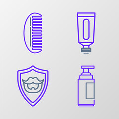 Set line Cream or lotion cosmetic tube, Mustache and beard shield, and Hairbrush icon. Vector