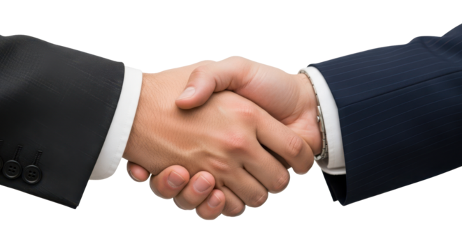 Business handshake between two men in suits, closeup. Isolated on transparent background, png