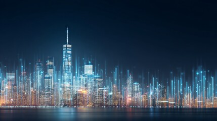 Modern city skyline featuring skyscrapers illuminated at night with vibrant lights reflecting off the water