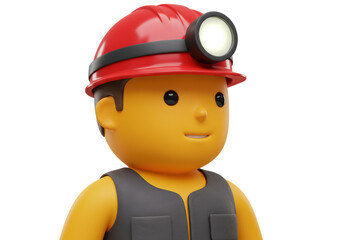 Cartoon miner with red helmet isolated PNG, 3D rendering of a construction worker character on transparent background