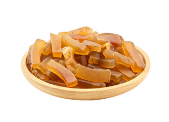 closeup pile of dry buffalo skin hide for crispy or cracker rind cutout in wood bowl