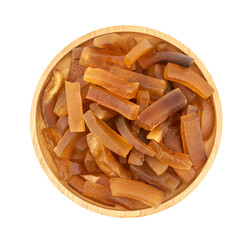 flat lay pile of dry buffalo skin hide for crispy or cracker rind cutout in wood bowl