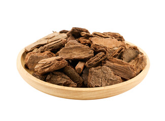 closeup pile of kiwi orchid bark or pine bark for grow plant medium cutout in wood bowl