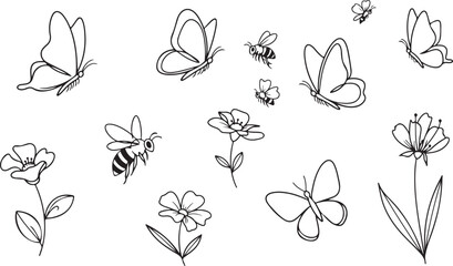 set of flowers Butterflies, Bees, and Flowers Line Art   Spring Insect Doodles Vector  Hand Drawn Pollinator Sketches   Simple Bugs and Flora Outline Clipart  Black and White Outline: Butterfly and Be © Graphic Web
