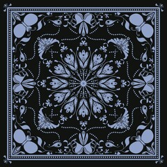 Bandana print. Bandana pattern. Nature object, decorative geometric line ornament. Woven fabrics, square pattern design style.