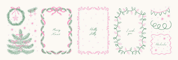 Vintage hand drawn Christmas borders and decorations. Xmas tree in bows, holiday wreath. Frames with branches Xmas tree, ribbons, garlands. Line art in pink and green for poster, card, invitation.