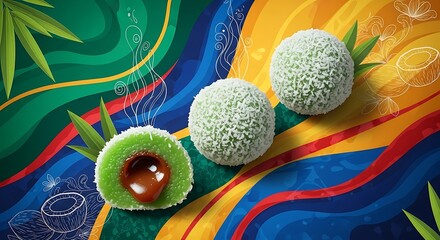 Delicious Green Tea Mochi with Chocolate Filling on Colorful Background.