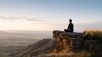 大自然を見下ろしながら瞑想する男性の後ろ姿