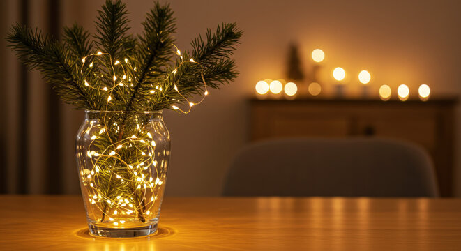 Simple Christmas Arrangement with LED Lights and Evergreen Branches