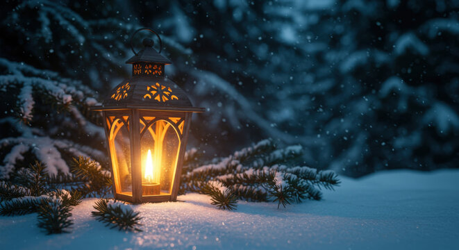 Festive Lantern in Snow-Covered Forest with Falling Snowflakes - Powered by Adobe